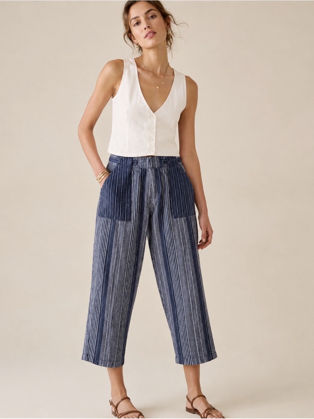 GAP Woman Blue Linen Cotton Striped Relax Pants MEDIUM Classic Coastal Boho